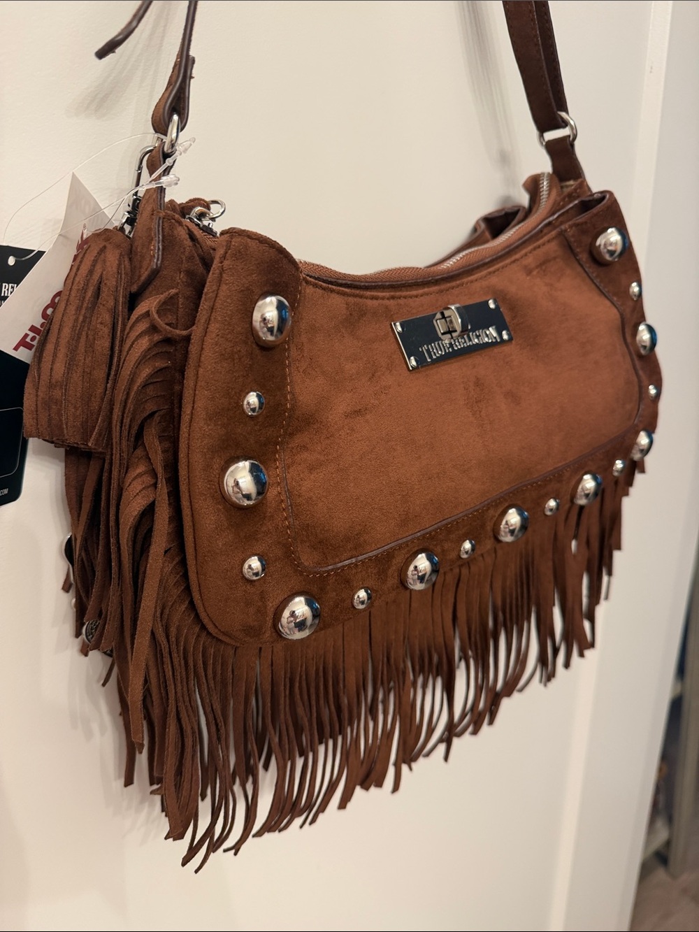 NWT-VIRAL True Religion Brown Suede Fringe Shoulder Bag with Stud Accents. - Picture 3 of 16